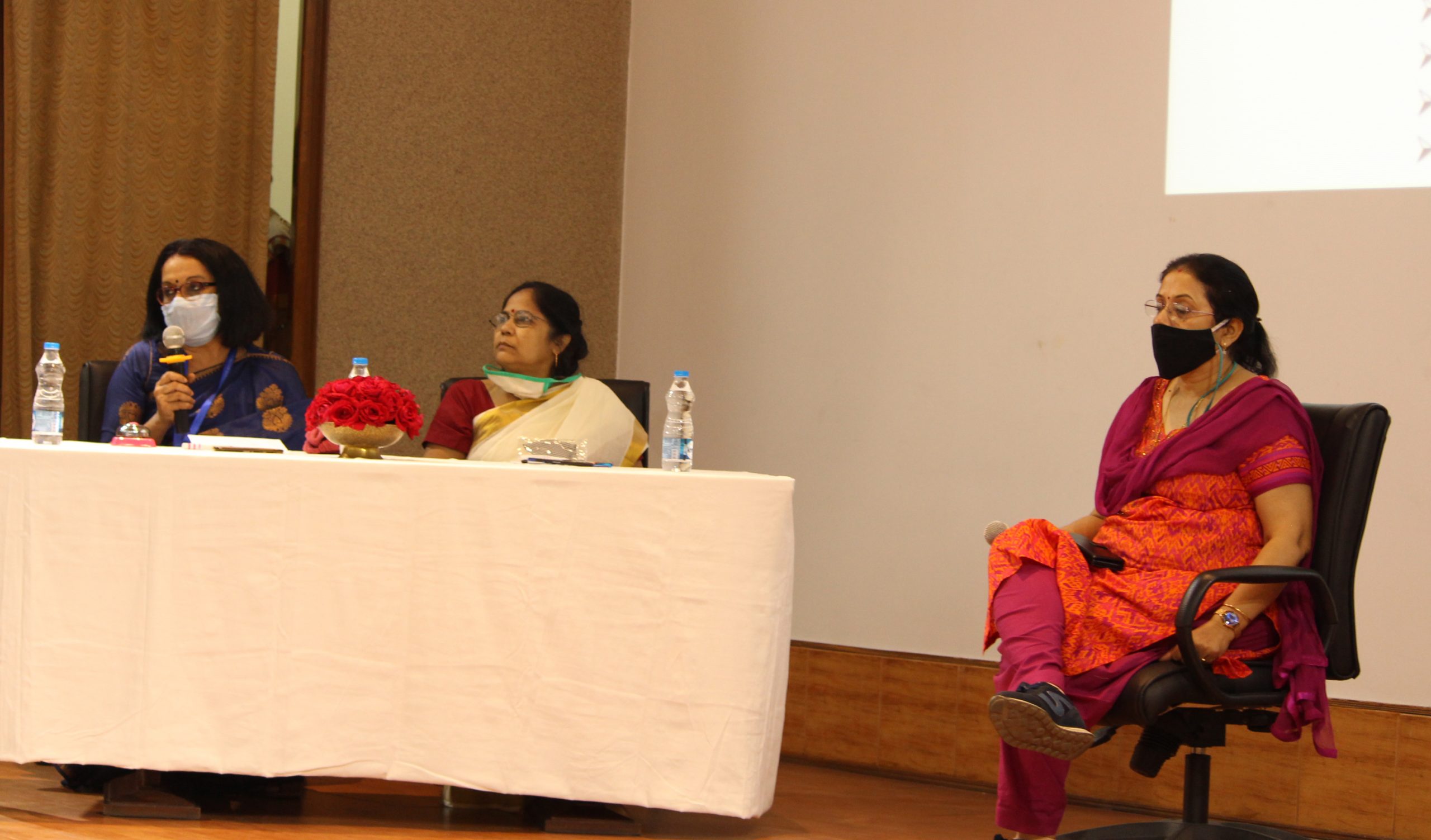 Panel discussion. Dr Jui Chakraborty with mike in hand. Dr Chandana Patra (middle) and Director, CSIR-CGCRI to the right.