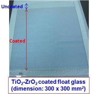 Developed transparent coatings (TiO2-ZrO2) on glass with reflection values >30 % in the Visible-NIR region (dimension: 300 x 300 mm2)