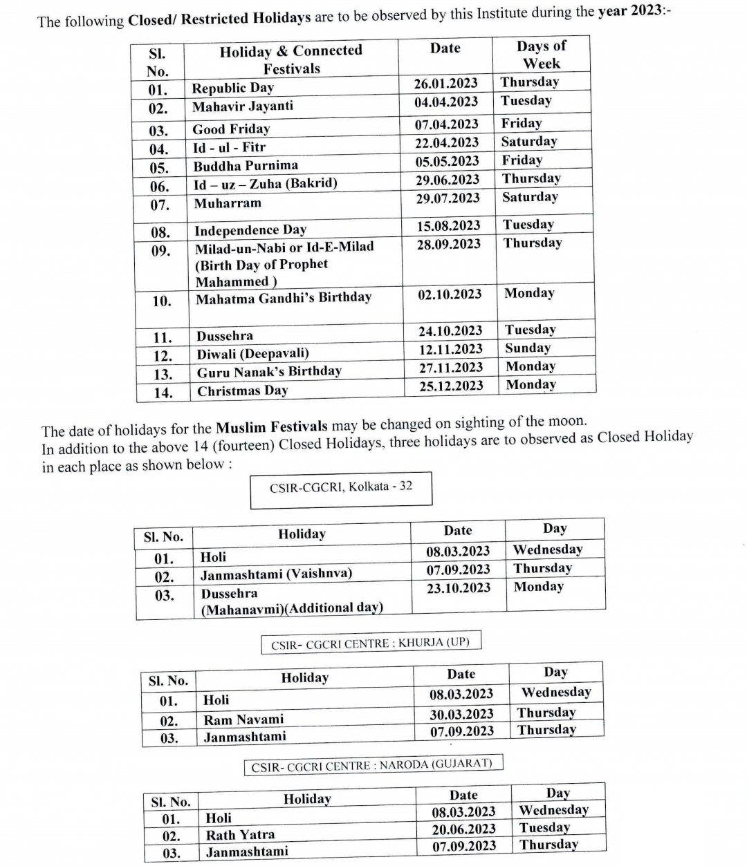 Holiday list CSIRCentral Glass & Ceramic Research Institute