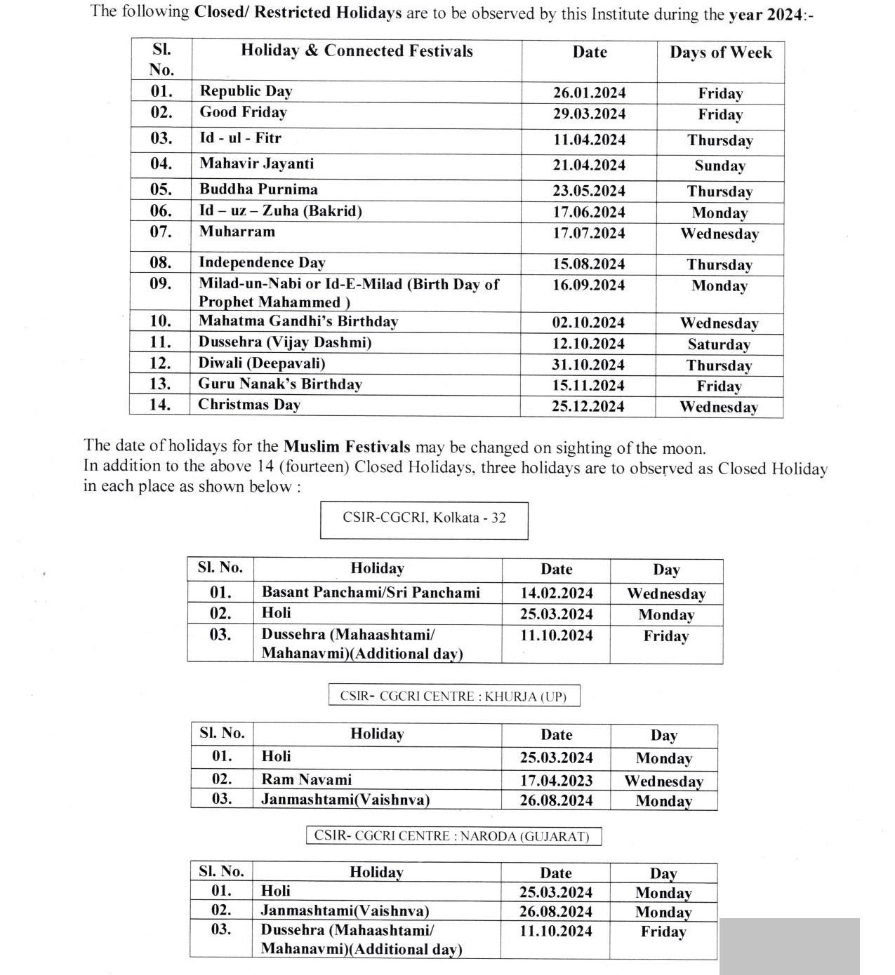 Holiday list CSIRCentral Glass & Ceramic Research Institute